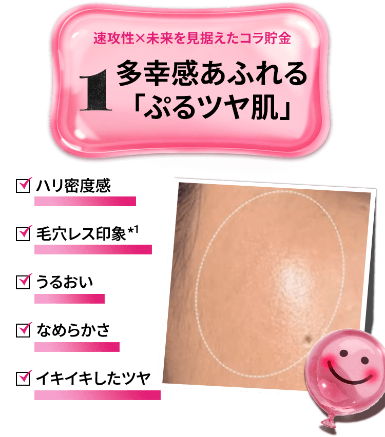 速攻性×未来を見据えたコラ貯金
              1
              多幸感あふれる
              「ぷるツヤ肌」
              ハリ密度感 
              毛穴レス印象*1
              うるおい
              なめらかさ
              イキイキしたツヤ