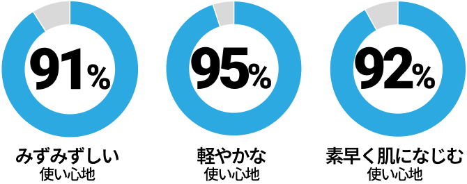 
                    91%
                    みずみずしい 使い心地
                    95%
                    軽やかな 使い心地
                    92%
                    素早く肌になじむ 使い心地